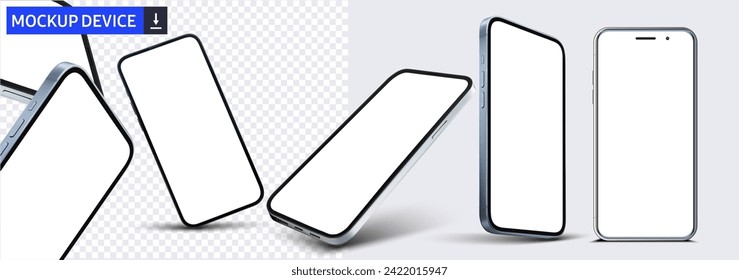 Smartphone frame less blank screen, rotated position. Smartphone from different angles. Mockup generic device. UI,UX smartphones set. Template for infographics or presentation 3D realistic phones.