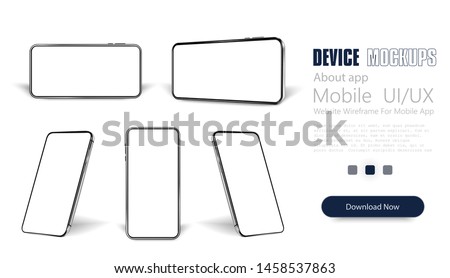 Smartphone frame less blank screen, rotated position. Smartphone from different angles.  Mockup generic device. Vector smartphones set.Template for infographics or presentation 3D realistic phones. Foto stock © 