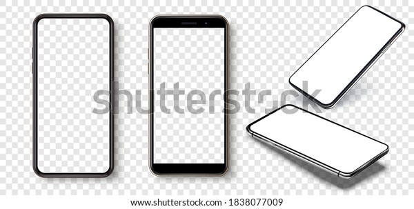 Smartphone frame less blank screen, rotated\
position. Smartphone from different angles. Mockup generic device.\
UI/UX smartphones set. Template for infographics or presentation 3D\
realistic phones.