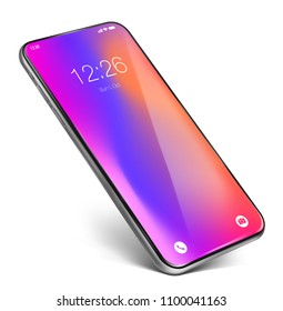 Smartphone frame less lockscreen. Standing on the corner, isolated on white background. Glossy layer on the top of the screen, easy way to paste your own content on screen by using clipping mask.