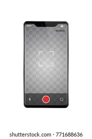 Smartphone With Frame Less Recording Video Vector Illustration. Vertical Orientation Phone With Transparent Screen Template For Your Images.