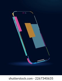Smartphone frame, mobile phone rotated position, cell phone isometric illustration, abstract, colorful drawing. Vector illustration of paints