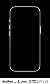 Maqueta del marco del smartphone. Plantilla de pantalla de teléfono inteligente en blanco. Símbolo de gadget. Vista frontal plana del dispositivo. Signo para el diseño del Sitio web, ui, App móvil. Icono blanco del teléfono móvil aislado en un fondo negro.