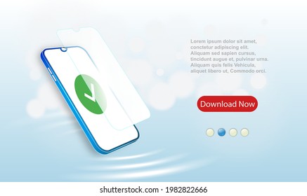 Smartphone frame with ok logo and a protective cutout on a silver glitter background with bokeh. Vector design, realistic, smartphone template.
