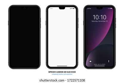 smartphone frameless black matte color with black, blank and colored touchscreen saver isolated on white background. realistic and detailed mobile phone mockup. stock vector illustration