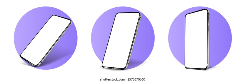 Smartphone frameless blank screen mockup template perspective view.Realistic smartphone mockup. Mobile phone in different angles of view. Violet, Blue smartphone template. 3d Vector illustration