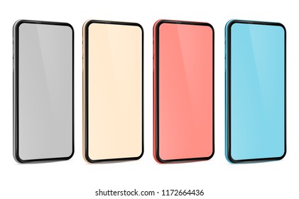 Smartphone frameless blank screen perspective view four colors - silver, gold, red, blue - isolated on white background high detail vector eps 10