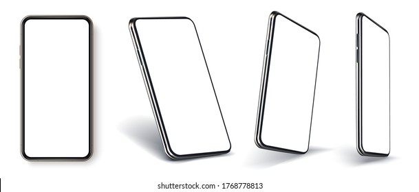 Smartphone frameless blank screen perspective view, rotated position. Smartphone from different angles. Mockup generic device. Template with blank UI, UX screen for application presentation. Vector 