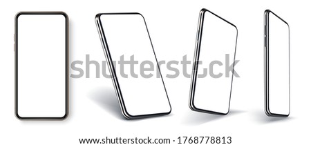 Smartphone frameless blank screen perspective view, rotated position. Smartphone from different angles. Mockup generic device. Template with blank UI, UX screen for application presentation. Vector 