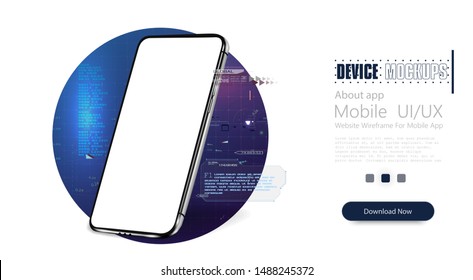 Smartphone frameless blank screen, rotated position. 3d isometric illustration futuristic cell phone. Abstract virtual HUD elements over screen modern smartphone. Vector