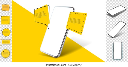 Smartphone frameless blank screen, rotated position. 3d isometric illustration cell phone. Smartphone perspective view. Template for infographics, presentation business card, flyer, brochure, UI/UX