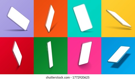 Smartphone frameless blank screen, rotated position. 3d isometric illustration cell phone. Smartphone perspective view for banner,poster,brand,template and label, packing,emblem and advertise. Vector