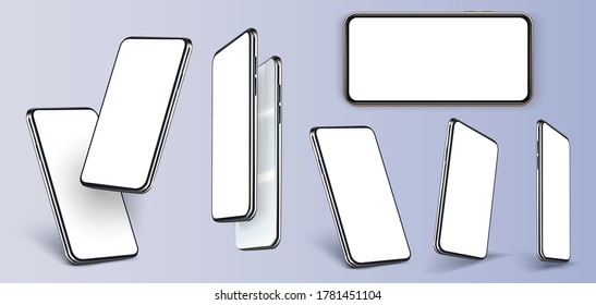 Smartphone frameless blank screen, rotated position. Smartphone from different angles. Mockup generic device. UI, UX smartphones set. Template for infographics or presentation 3D realistic phones