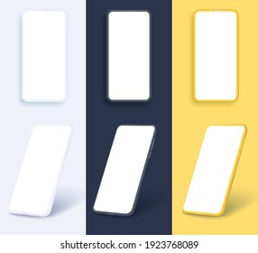 Smartphone frameless blank screen, rotated position. 3d isometric illustration cell phone. Smartphone perspective view. Minimalist modern clay mockup smartphones with colored background. Vector