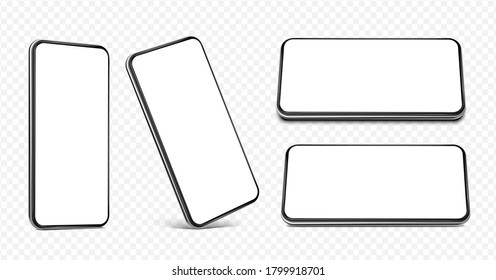 Smartphone frameless blank screen set - perspective view, standing on the corner, horizontal view standing on edge and lying flat  - isolated on transparent white background vector eps 10