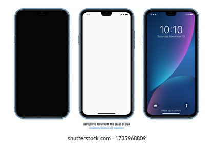 smartphone frameless blue color with black, blank and colored touchscreen saver isolated on white background. realistic and detailed mobile phone mockup. stock vector illustration