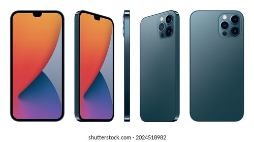 smartphone frameless blue color with colored screen saver isolated on white background. mockup of realistic and detailed mobile phone. stock vector 3d isometric illustration