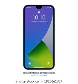 smartphone frameless blue color with colorful screen saver front view isolated on white background. mockup of realistic and detailed new mobile phone with shadow. stock vector illustration