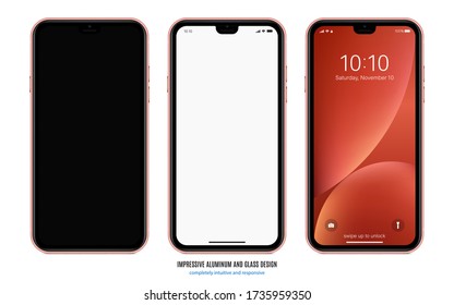 smartphone frameless coral color with black, blank and colored touchscreen saver isolated on white background. realistic and detailed mobile phone mockup. stock vector illustration