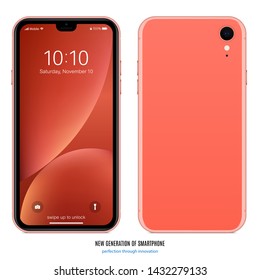 smartphone frameless coral color with colored touch screen saver and back side isolated on white background. realistic and detailed mobile phone mockup. stock vector illustration