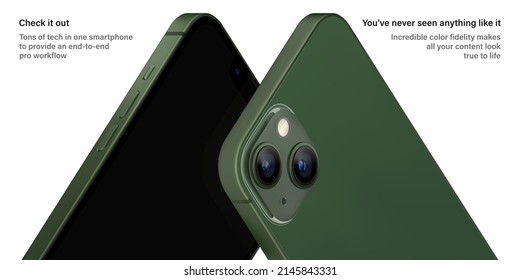 smartphone frameless green color with black screen saver front and backside view isolated on white background. mockup of realistic new mobile phone with shadow. vector 3d isometric illustration