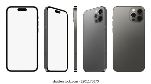 smartphone frameless grey color with blank screen saver front and backside view isolated on white background. mockup of realistic new mobile phone with shadow. vector 3d isometric illustration