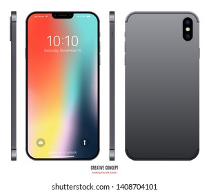 smartphone frameless grey color with colored touch screen saver front, back and side view isolated on white background. realistic and detailed mobile phone mockup. stock vector illustration