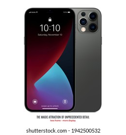 smartphone frameless grey color with colored screen saver front and backside view isolated on white background. mockup of realistic and detailed new mobile phone with shadow. stock vector illustration