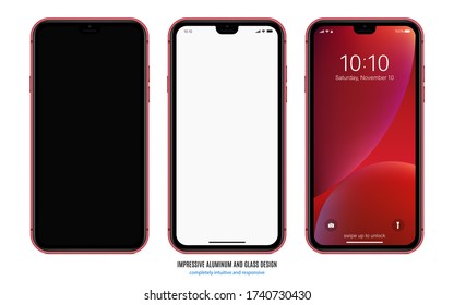 smartphone frameless red color with black, blank and colored touchscreen saver isolated on white background. realistic and detailed mobile phone mockup. stock vector illustration