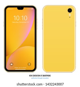 smartphone frameless yellow color with colorful touch screen saver and back side isolated on white background. realistic and detailed mobile phone mockup. stock vector illustration