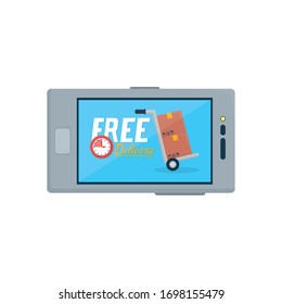 smartphone with free delivery design on screen over white background, flat style, vector illustration