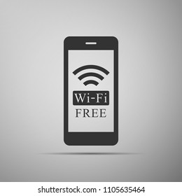 Smartphone with free wi-fi wireless connection icon isolated on grey background. Wireless technology, wi-fi connection, wireless network, hotspot concepts. Flat design. Vector Illustration
