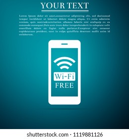 Smartphone with free wi-fi wireless connection icon isolated on blue background. Wireless technology, wi-fi connection, wireless network, hotspot concepts. Flat design. Vector Illustration