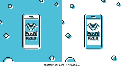 Smartphone with free wi-fi wireless connection icon on blue and white background. Wireless technology, wi-fi connection, wireless network, hotspot concept. Random dynamic shapes. Vector Illustration