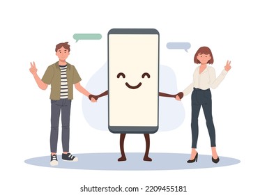 Smartphone friendship with people. man and woman having friendly relation, Online friendship. Social media. Vector illustration.