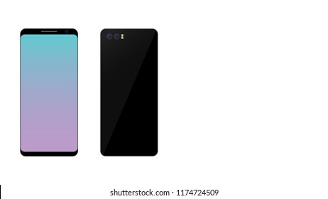 Smartphone front and back on left side of frame. Mock up design of both side of smartphone placed on left side of the frame. EPS10 compatible