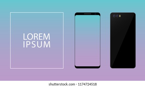 Smartphone front and back on left side of frame. Mock up design of both side of smartphone placed on left side of the frame. EPS10 compatible