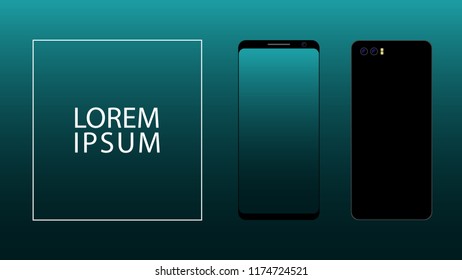 Smartphone front and back on left side of frame. Mock up design of both side of smartphone placed on left side of the frame. EPS10 compatible