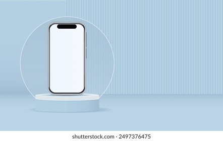 Smartphone vista frontal maqueta en el podio azul. Teléfono con pantalla en blanco en la plataforma para mostrar su diseño. Ilustración vectorial.