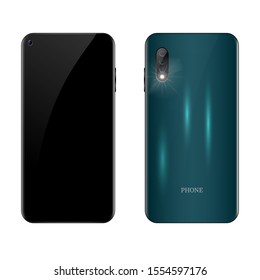 Smartphone front view and rear view with cameras and glare on white background, phone layout for your design, vector illustration