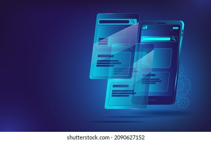 A smartphone in front of which several screen options are flying. Illustration in neon colors on the theme of mobile prototyping. Horizontal banner template.