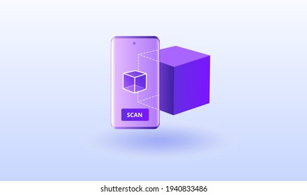 Smartphone with function of augmented reality, modern, device, cube. Mobile app concept.