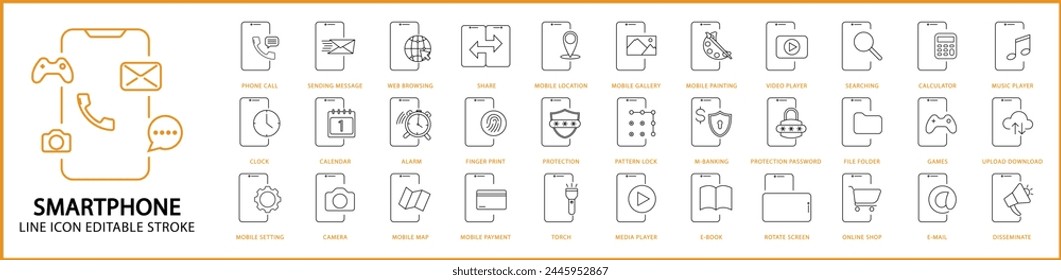 Smartphone-Funktionssymbole Smartphone-Funktion ist eingestellt. Symbole für Smartphone-Funktionslinien. Vektorillustration. Bearbeitbarer Strich.