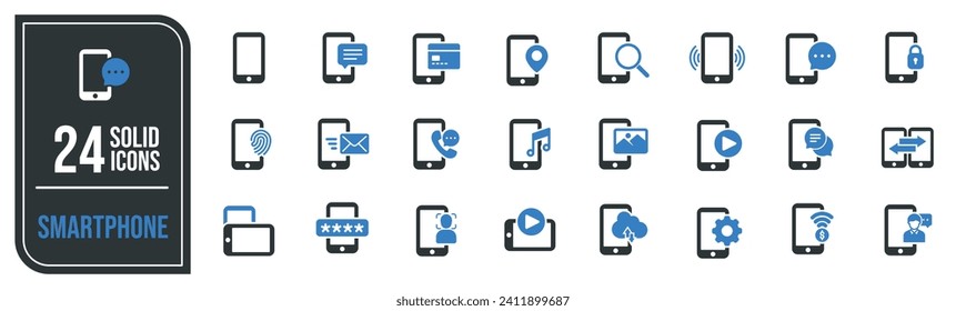 Smartphone function, mobile phone solid icons collection. For website marketing design, logo, app, template, ui, etc. Vector illustration.