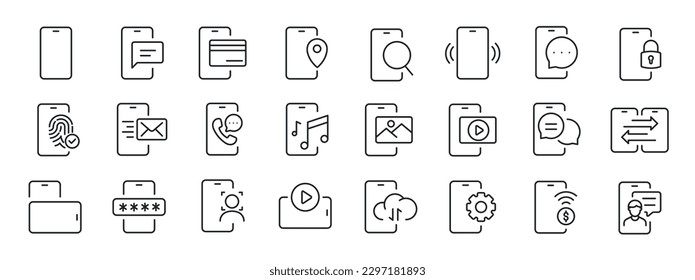 Función Smartphone, iconos de línea delgada de teléfono móvil. Para diseño de marketing de sitios web, logotipo, aplicación, plantilla, ui, etc. Ilustración vectorial.