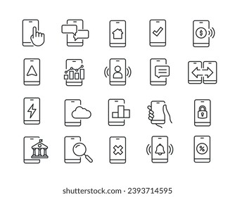 Smartphone function, mobile phone thin line icons. Editable stroke. For website marketing design, logo, app, template, ui, etc. Vector illustration.