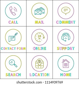 Smartphone functions linear icons templates set. Messaging or calling, and location identification buttons outline isolated vector illustrations.