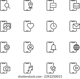Smartphone functions and settings line icons. Mobile phone services outline style editable stroke. 