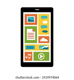 Smartphone-Funktionen - Aufnahme von Foto-, Online-Nachrichten-, Chat-, Musik-, Video-, Dokument- und Finanzinhalten. Mobile App-Konzept.