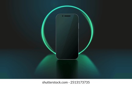 Smartphone with futuristic neon circle. Technology ai phone on dark green background. Blank screen future vector.